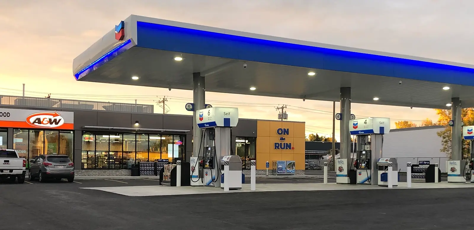 Chevron gas station with ON the RUN and A&W.