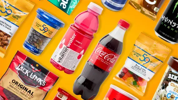 An assortment of drinks and snacks.