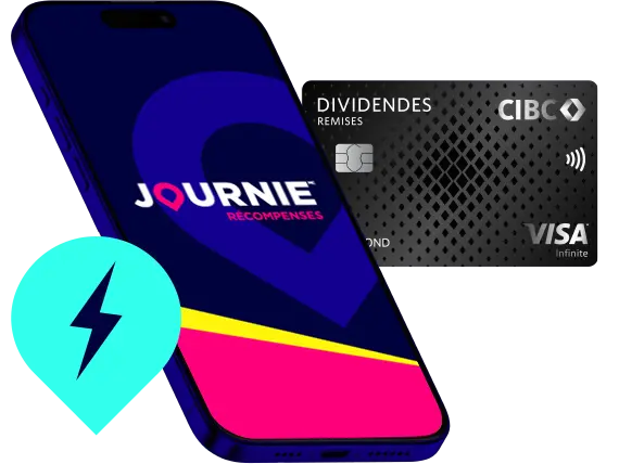 Téléphone avec Récompenses Journie ouvert à côté d'une carte bancaire CIBC.