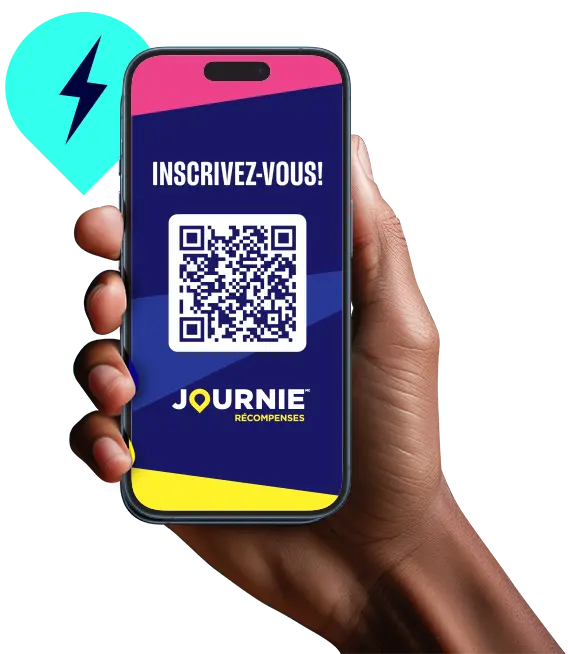 Main tenant un téléphone avec écran Journie ouvert pour « rejoindre maintenant » ! Icône EV bleue à côté de la main et du téléphone.