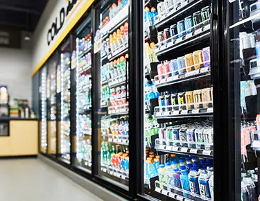 Beverages in cooler at convenience store.