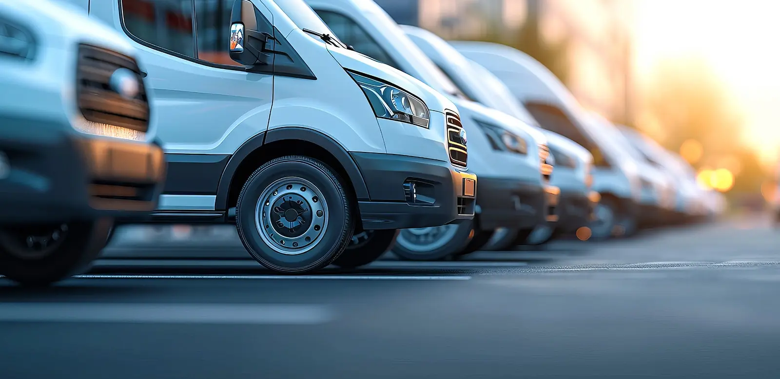 Row of white vans in parking lot.